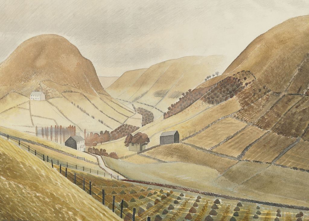 Corn Stooks and Farmsteads - Hill Farm, Capel-yffin, Wales - Eric Ravilious - Greetings Card by Eric Ravilious