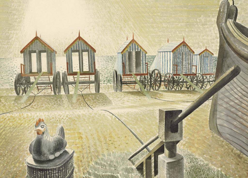 Aldeburgh Bathing Machines - Eric Ravilious - Greetings Card by Eric Ravilious