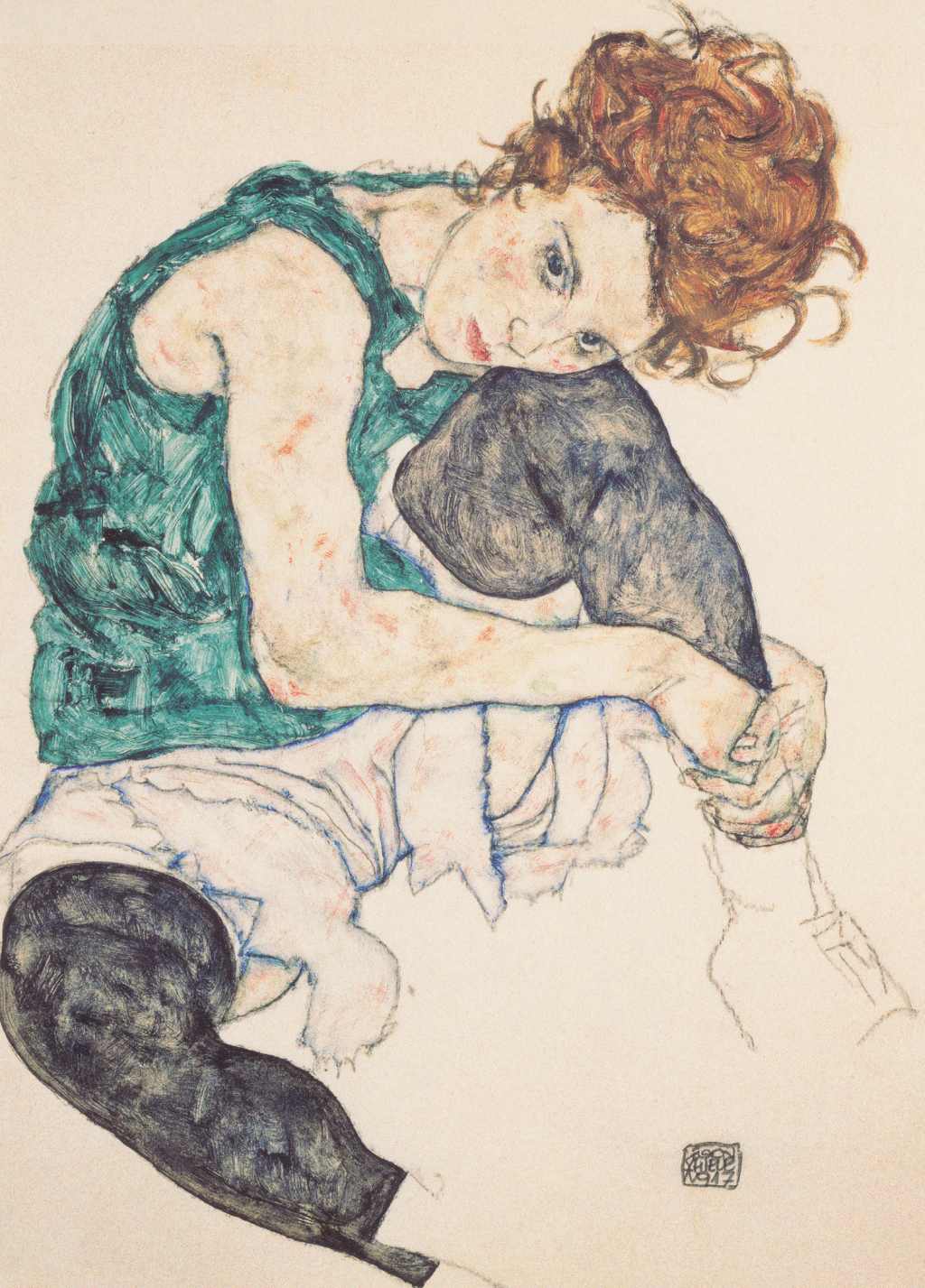 Seated Woman with Bent Knee - Egon Schiele - Greetings Card by Egon Schiele
