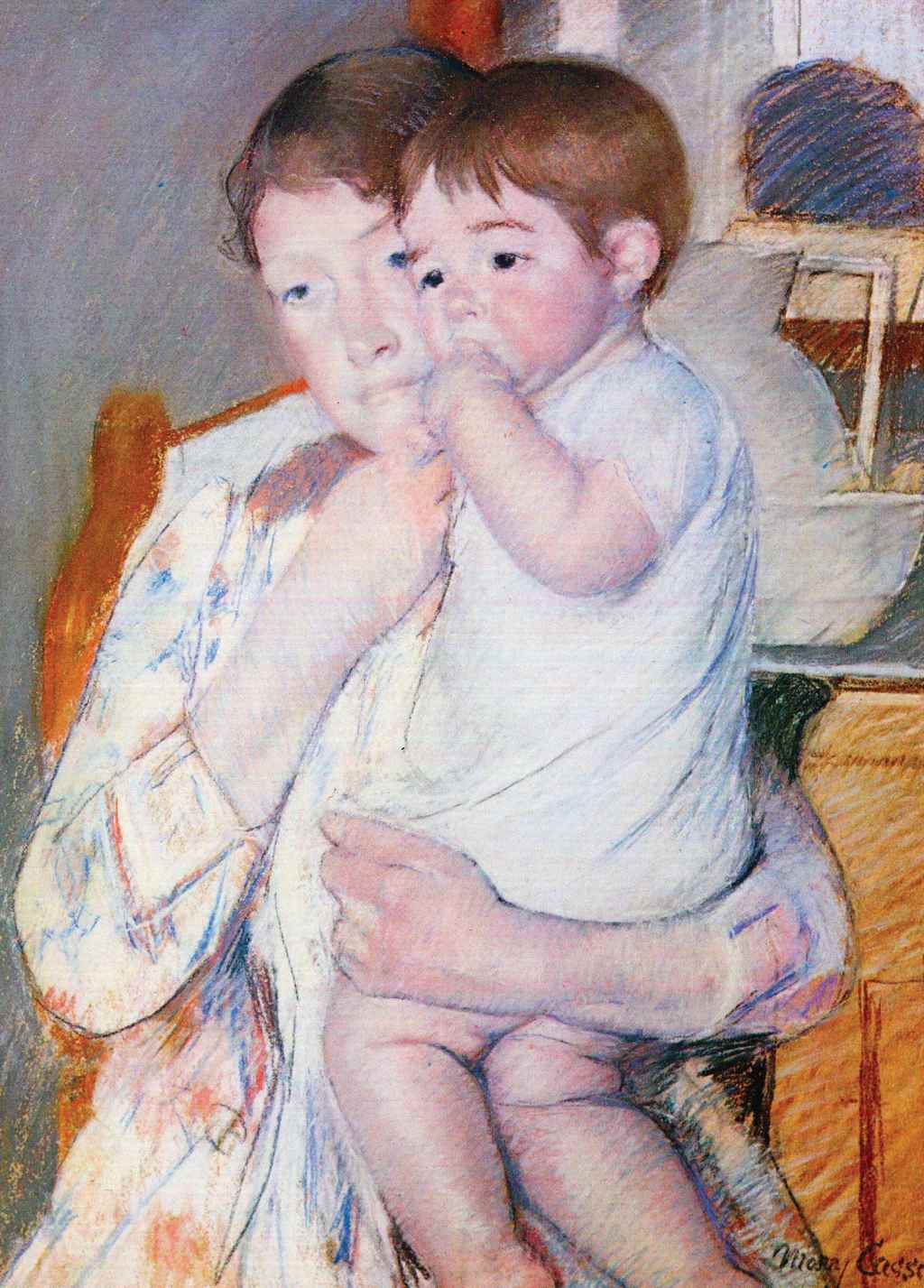 Baby in His Mother's Arms, Sucking His Finger - Mary Cassatt - Greetings Card by Mary Cassatt