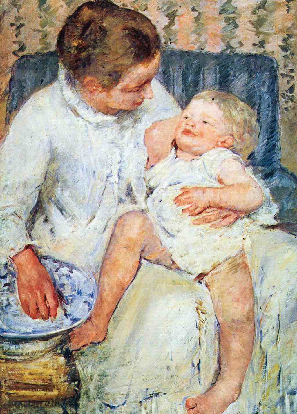 Mother About To Wash Her Sleepy Child - Mary Cassatt - Greetings Card by Mary Cassatt
