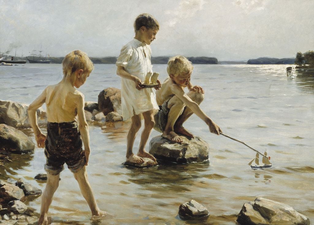 Boys Playing on the Shore - Albert Edelfelt - Greetings Card by Albert Edelfelt