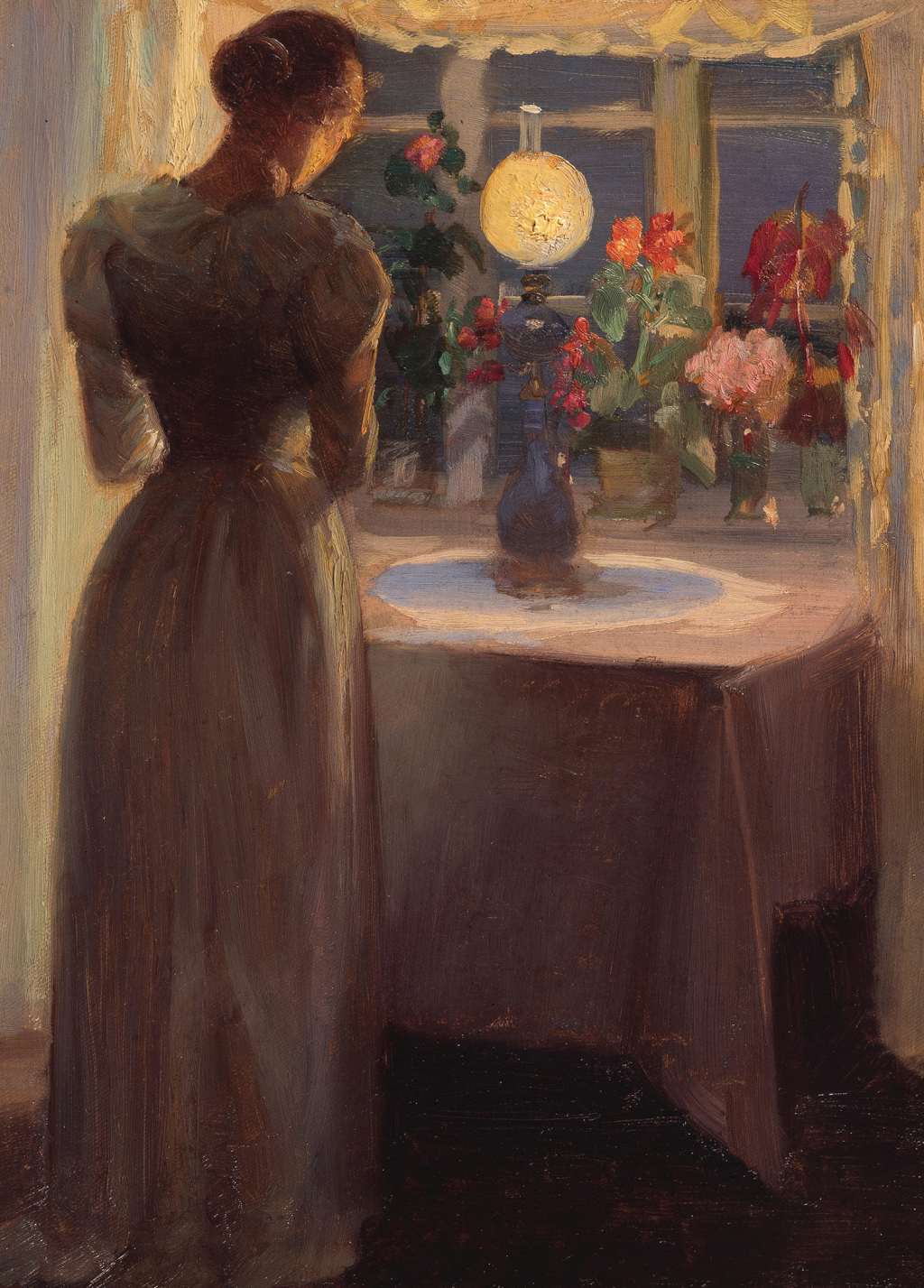 Young Girl in Front of a Lighted Lamp - Anna Ancher - Greetings Card by Anna Ancher