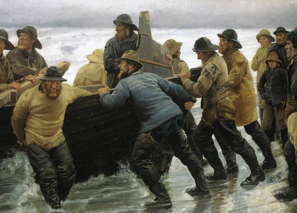 Fishermen Launching a Rowing Boat - Michael Ancher - Greetings Card by Michael Ancher