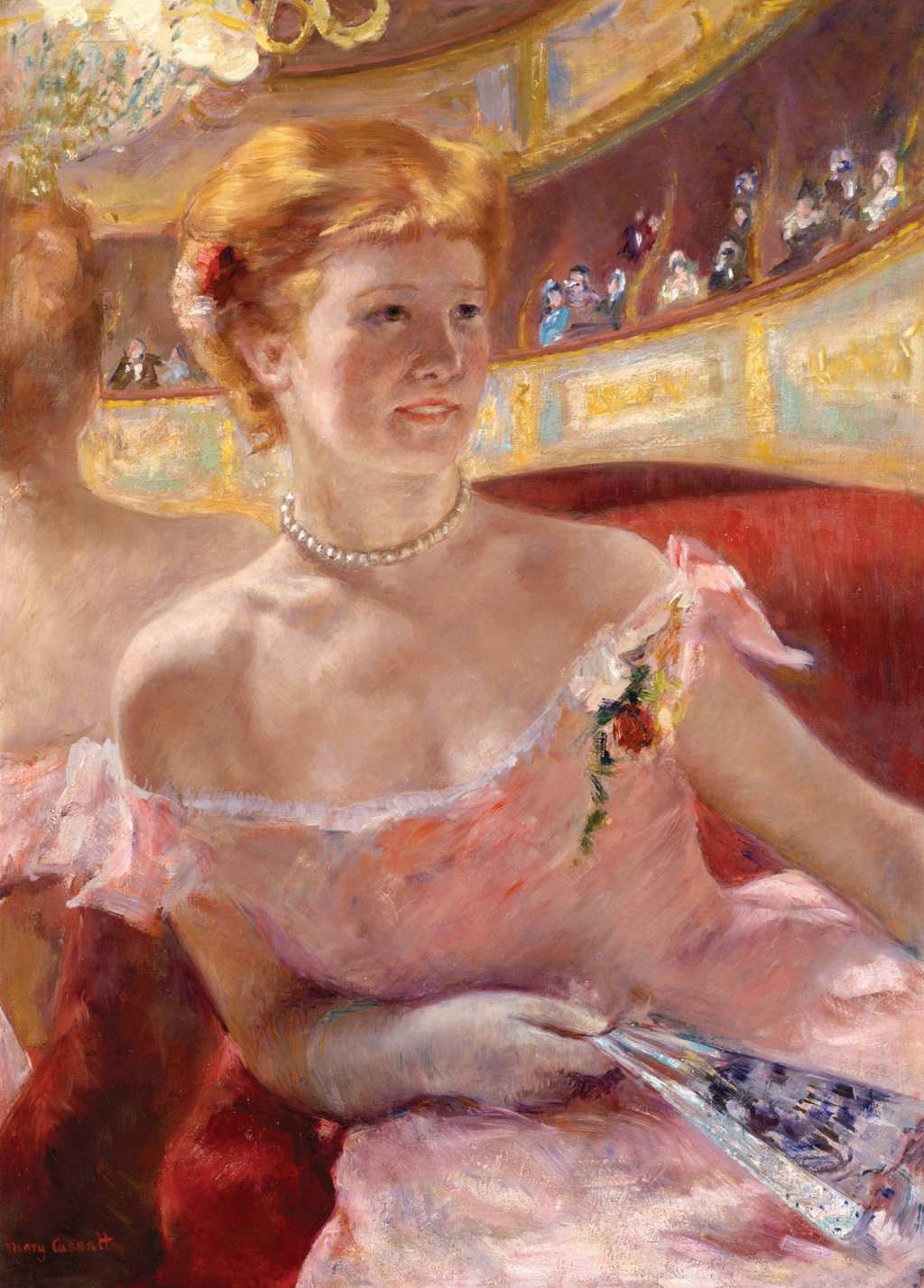 Woman with a Pearl Necklace in a Loge - Mary Cassatt - Greetings Card by Mary Cassatt