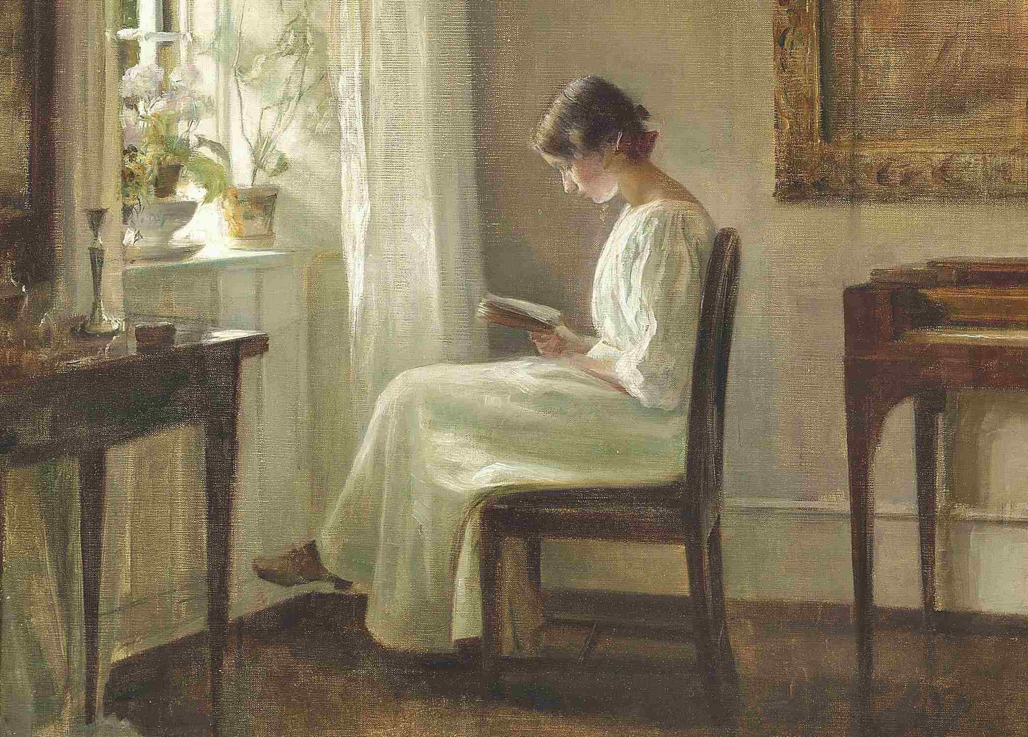 Girl Reading by a Window - Carl Holsøe - Greetings Card by Carl Holsøe