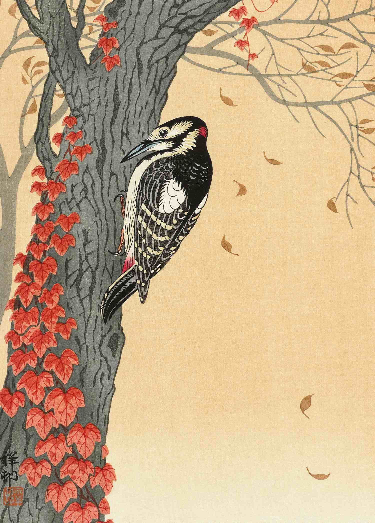 Great Spotted Woodpecker in Tree With Red Ivy - Ohara Koson - Greetings Card by Ohara Koson