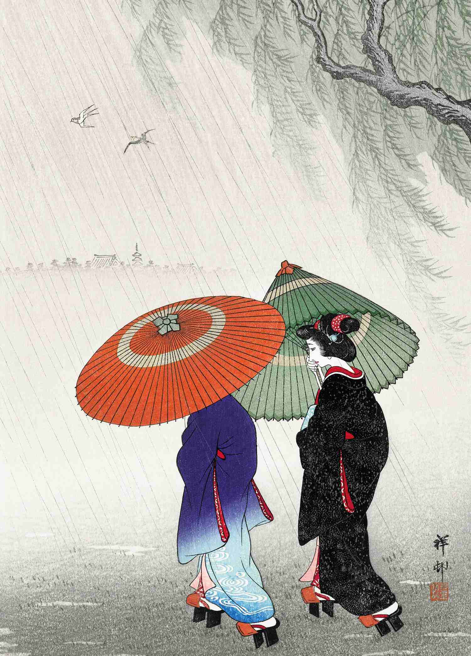 Two Women in the Rain - Ohara Koson - Greetings Card by Ohara Koson