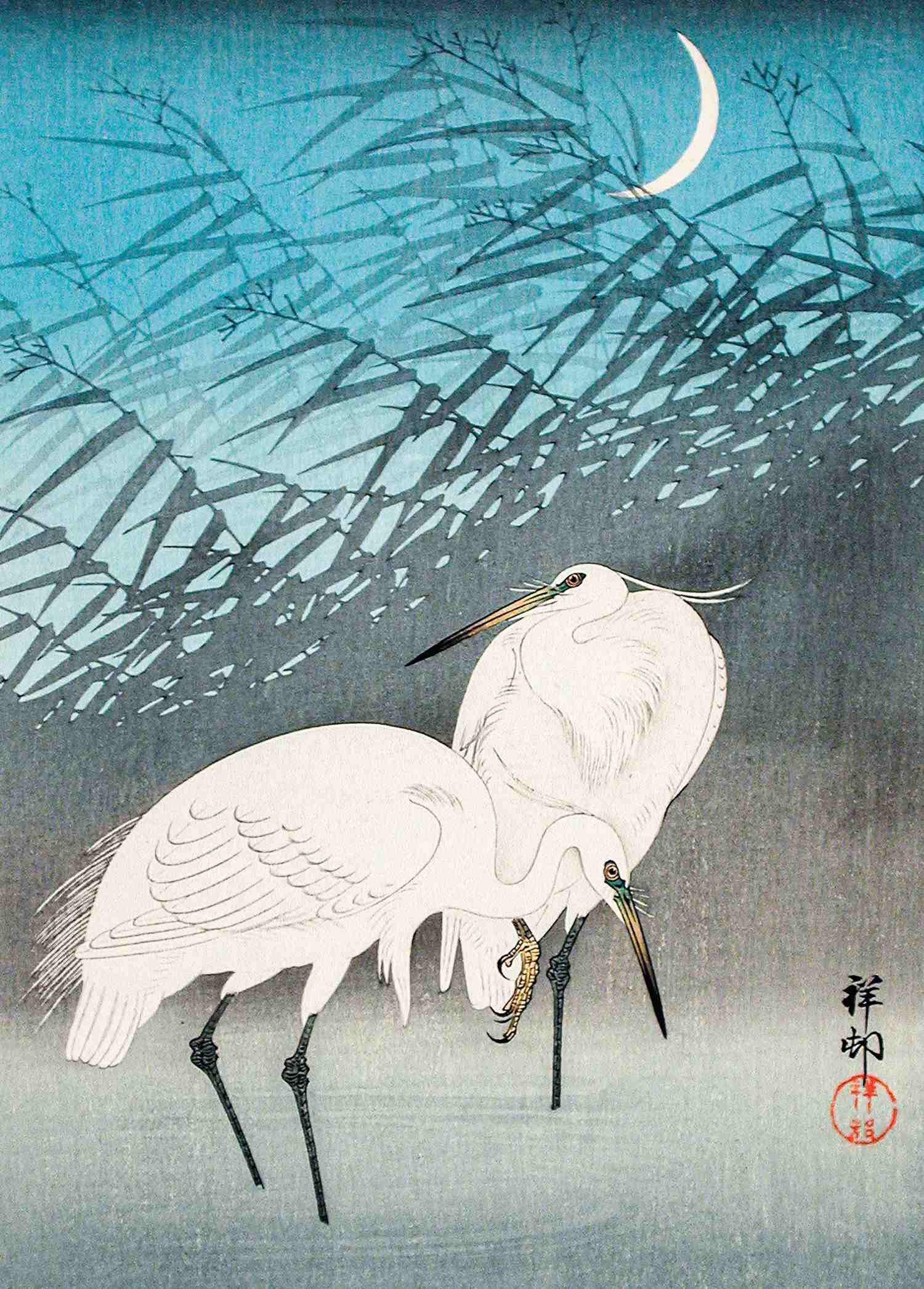 Egrets and Reeds in Moonlight - Ohara Koson - Greetings Card by Ohara Koson