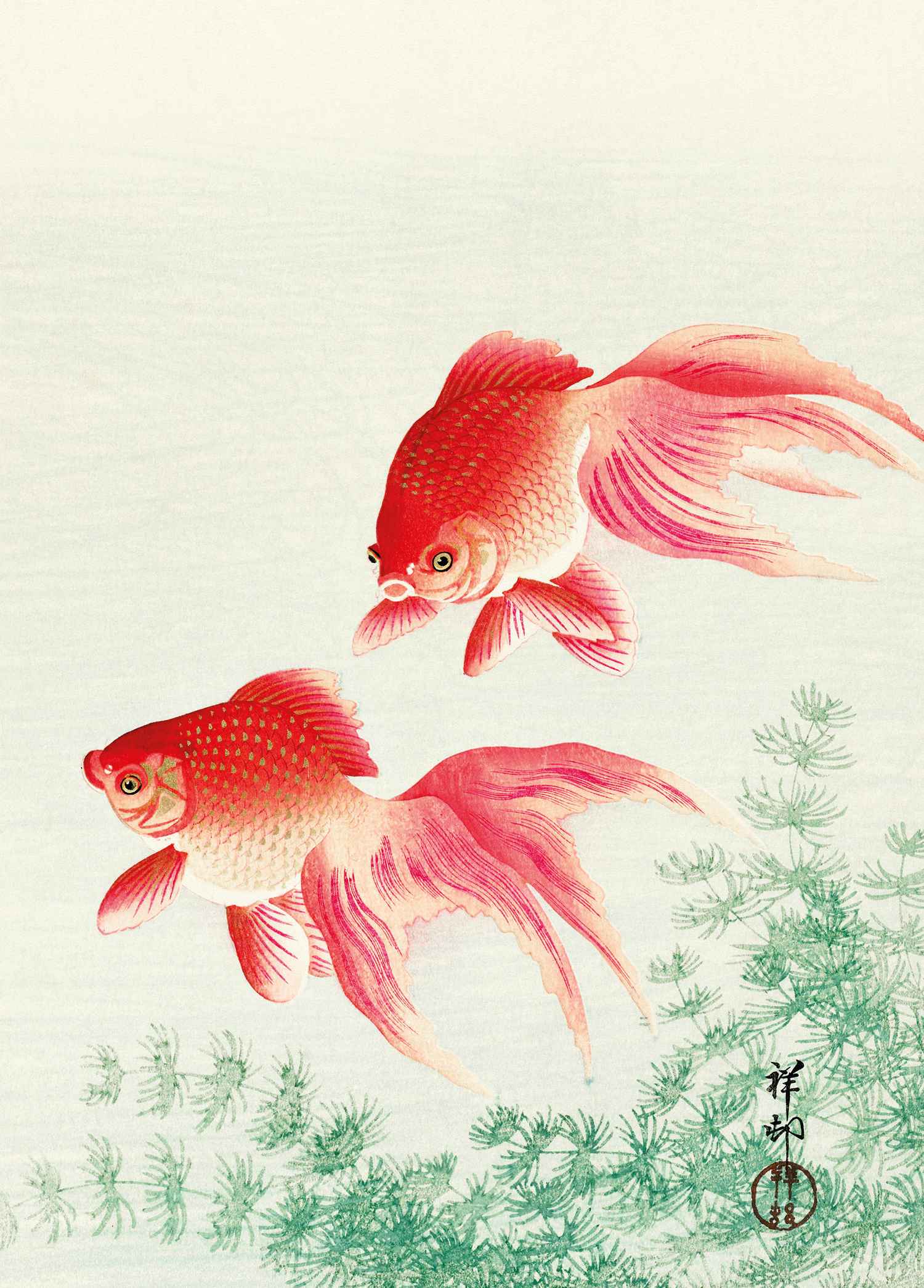 Two Veil Goldfish - Ohara Koson - Greetings Card by Ohara Koson